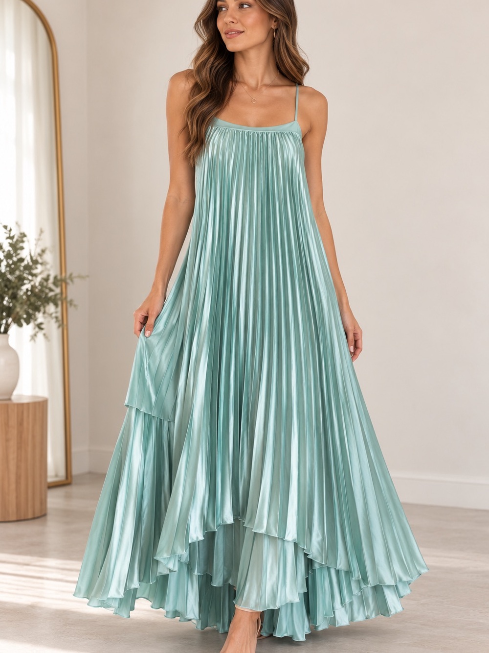 Mint Green Pleated Satin High-Low Maxi Dress US 12